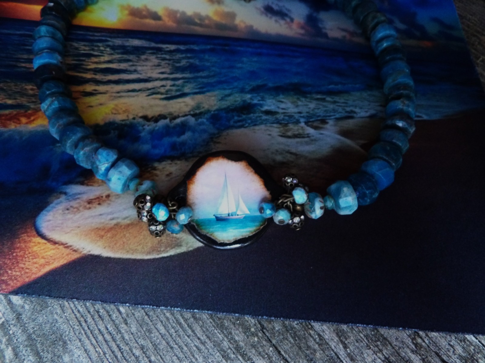 Necklace, Ocean, Apatite Beads, Sailboat, Beach, One of a Kind