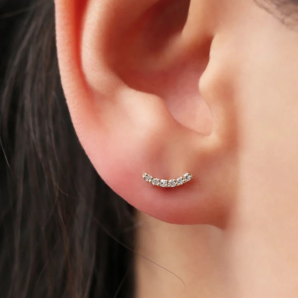0.10 TCW H-I/SI Round Natural Diamond 14K Gold Curved Bar Stud Earrings For Gift