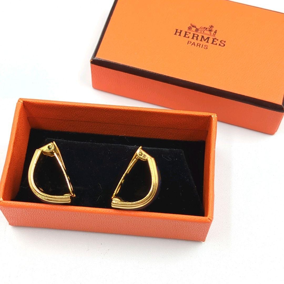 HERMES H Logo Clip On Earrings Enamel Gold Navy Vintage France Box Included Used