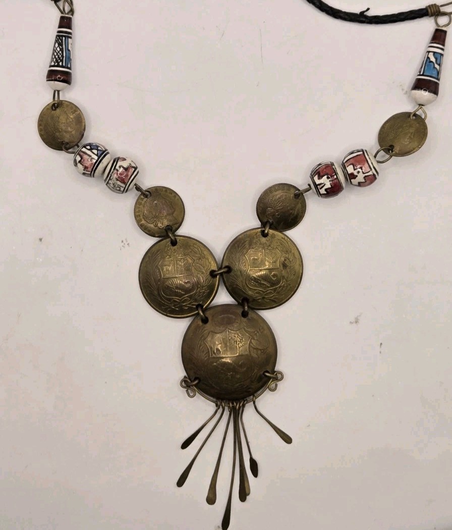 Vintage Peruvian Coin Necklace Folk Art Ceramic Beads Andean Jewelry