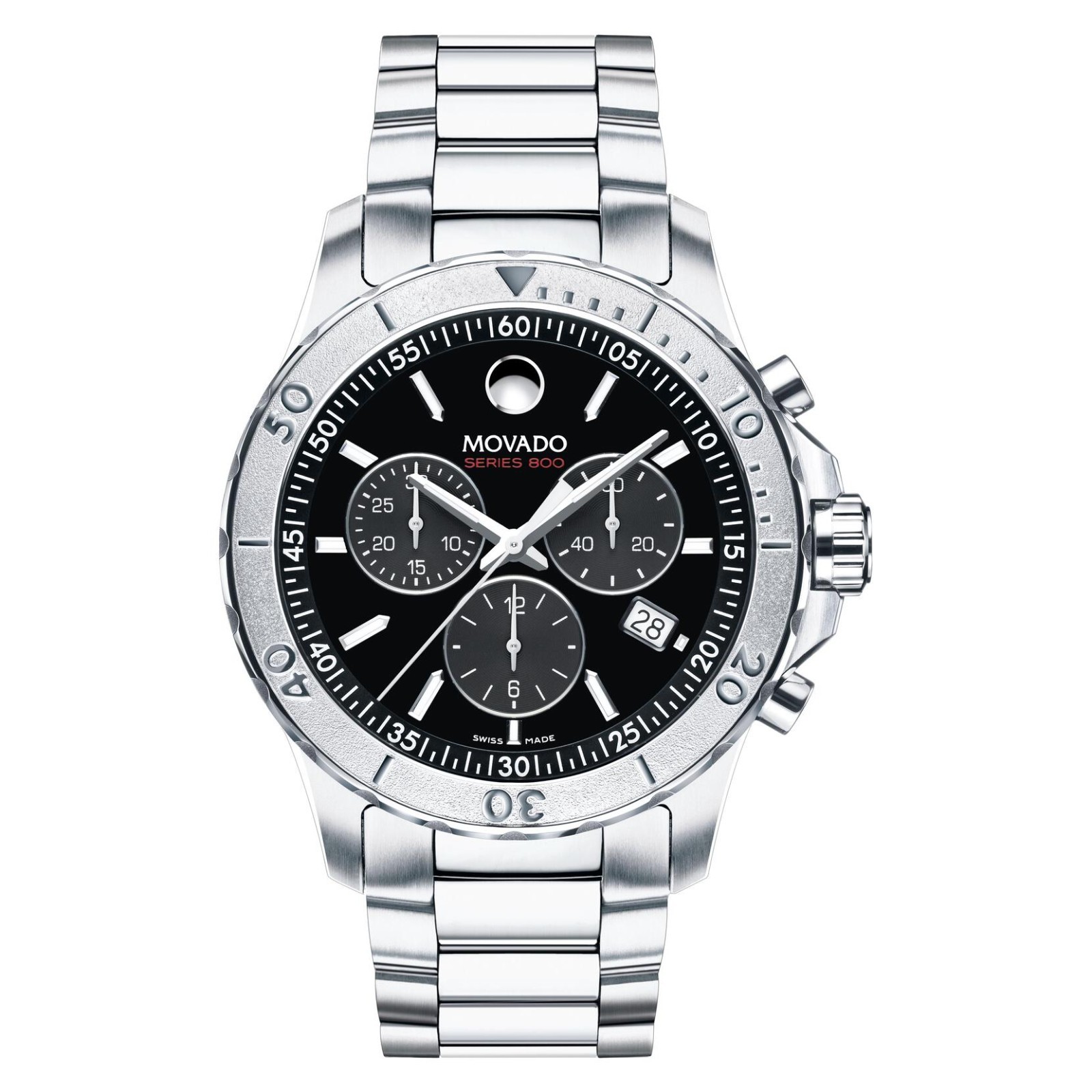 Movado Series 800 Black Dial Silver Bezel SS Chronograph Watch – Model # 2600110