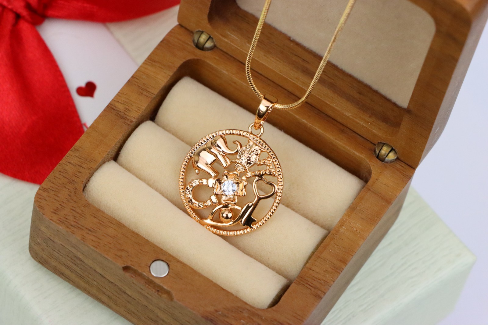 Round Rose Gold Pendant with Religious Motifs and Center Stone, XPPT1442
