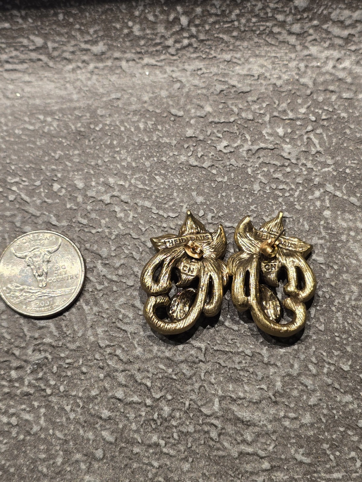 Heidi Daus Gold Tone Floral Pavé Crystal Stud Earrings Purple Green Butterfly