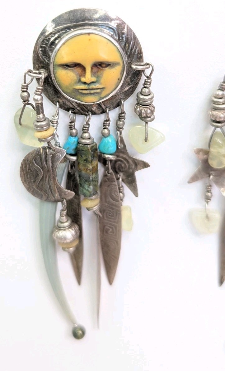 Vintage Tabra Moon Face Dangle Earrings Celestial Charms Sterling Silver 3.75 In