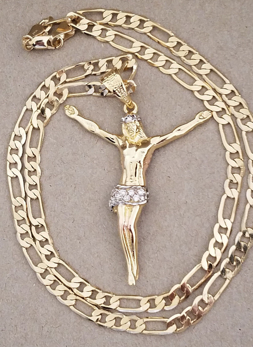 Men Yellow Gold Rhodium Plated 24in Figaro Chain & CZ Christ Open Arms Charm Set