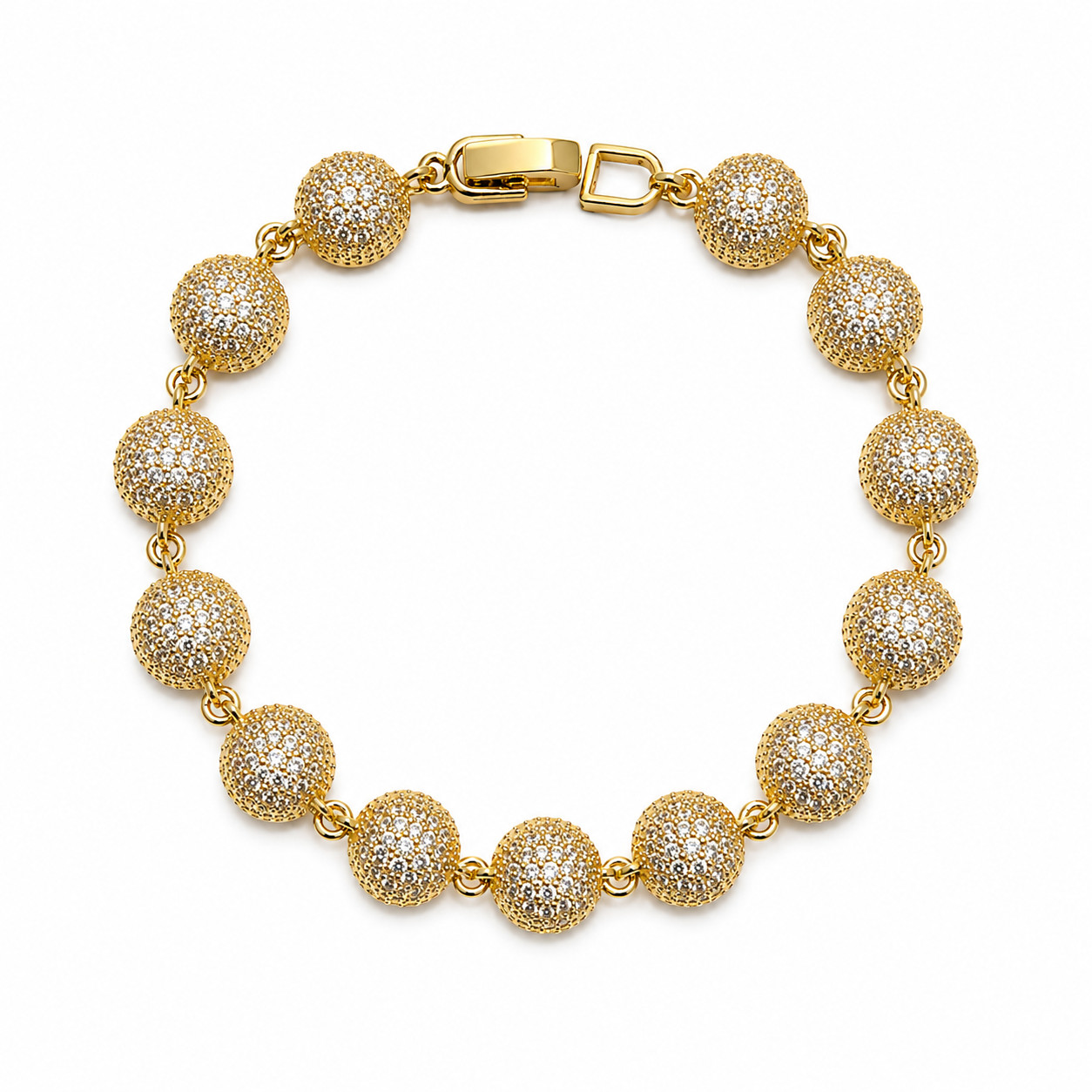 Italian 1/200 14k Yellow Gold Oro Overlay Iced CZ Ball Bead Bracelet Pulsera in