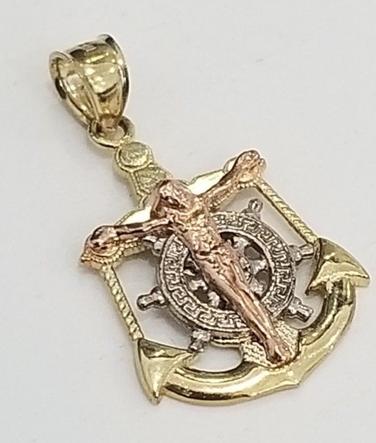 Real 10k Tri Tone Gold Anchor Jesus Cross Wheel Pendant Charm 20″ Rope Chain Set