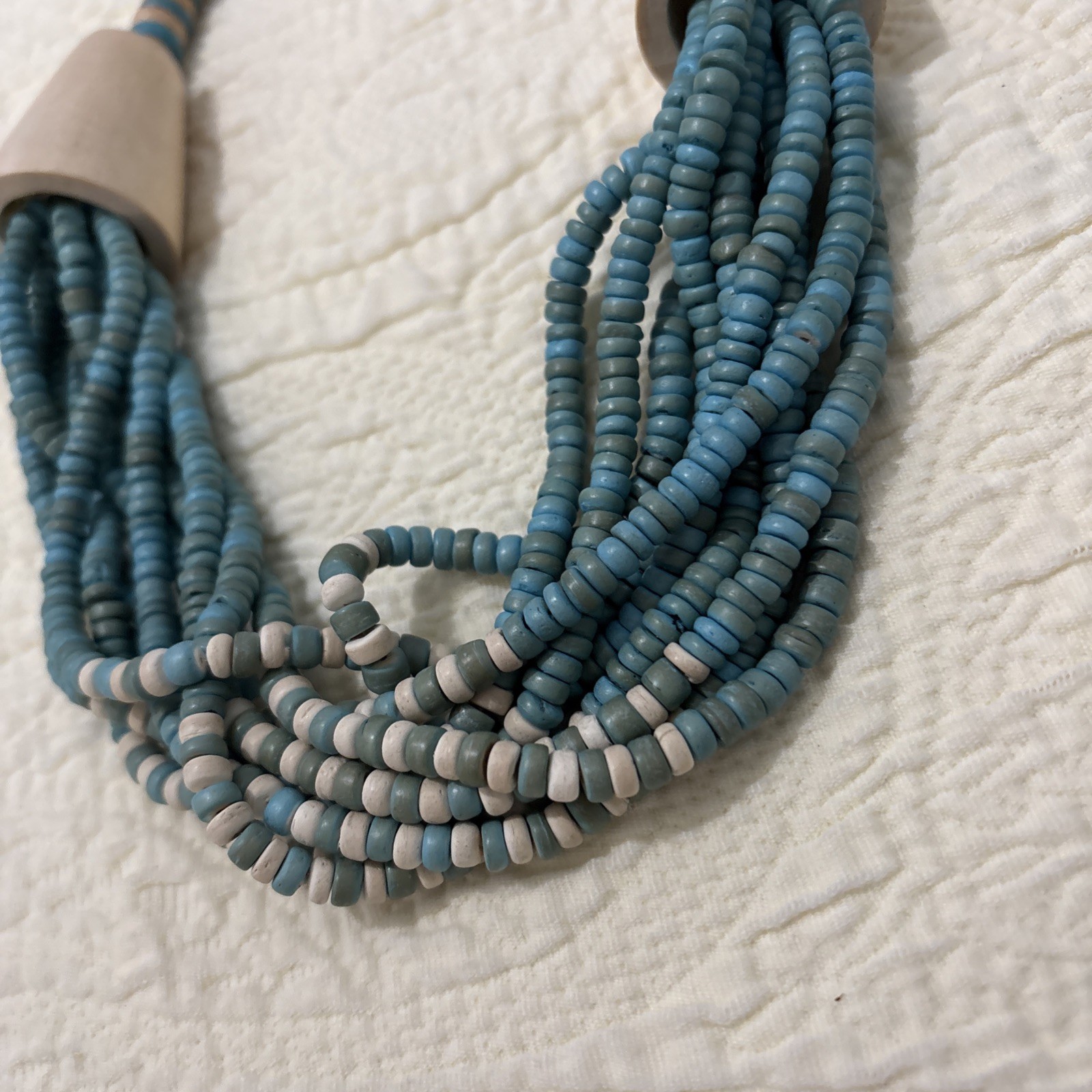 Vintage Exotic Boho Tribal Blue Beige Wood Beads Statement Necklace 26”