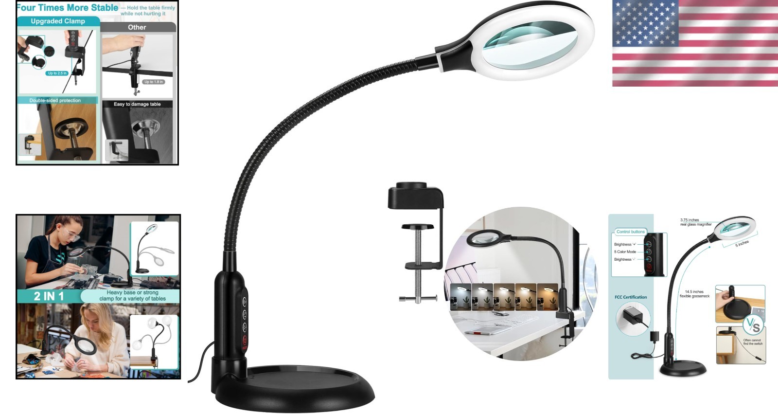 LED Desk Magnifier Lamp with Adjustable Gooseneck – 10X Magnification & Dimmable