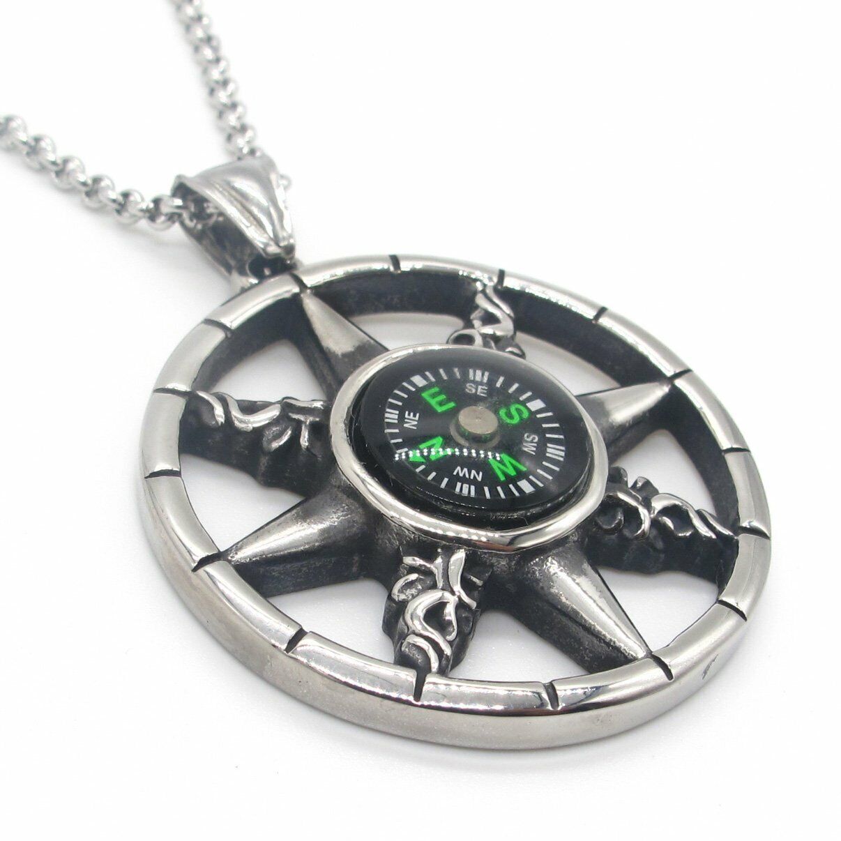 MENDEL Cool Mens Working Nautical Compass Necklace Pendant Stainless Steel Chain