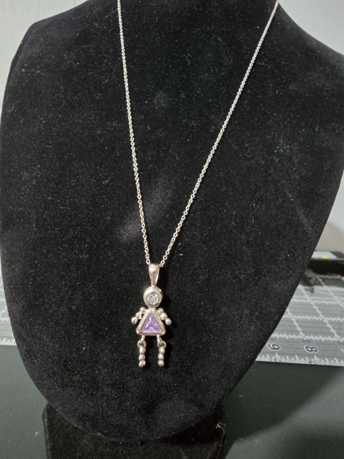 Vintage Sterling Silver CZ Birthstone Baby Girl Pendant w/Bead Chain 18″