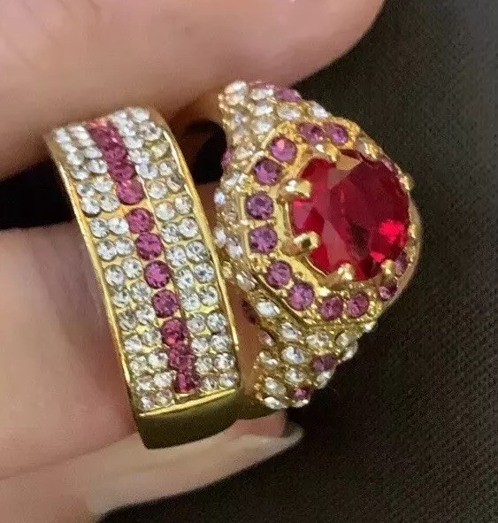 2 Piece – Simulated Ruby & Diamond Gold Tone Band And Cocktail Ring. Brand New!