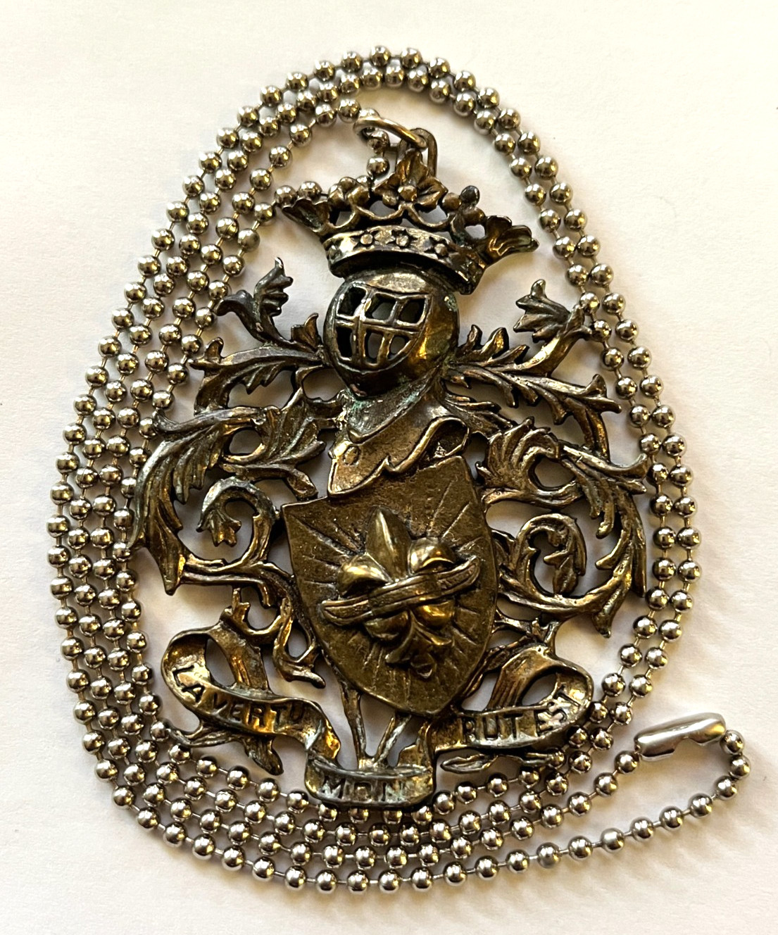 Vintage Coat of Arms Crown Fleur de Lis Shield Pendant Brass/Bronze with Patina