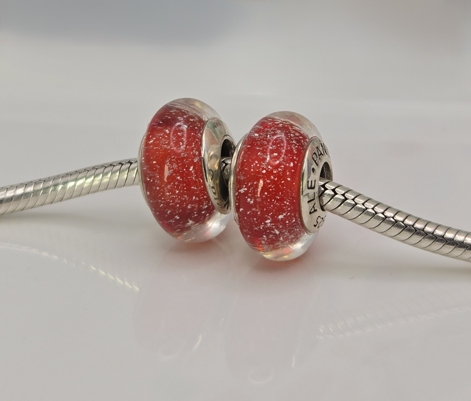 Authentic Pandora Pair of Disney Red Snow White Charms Murano Glass
