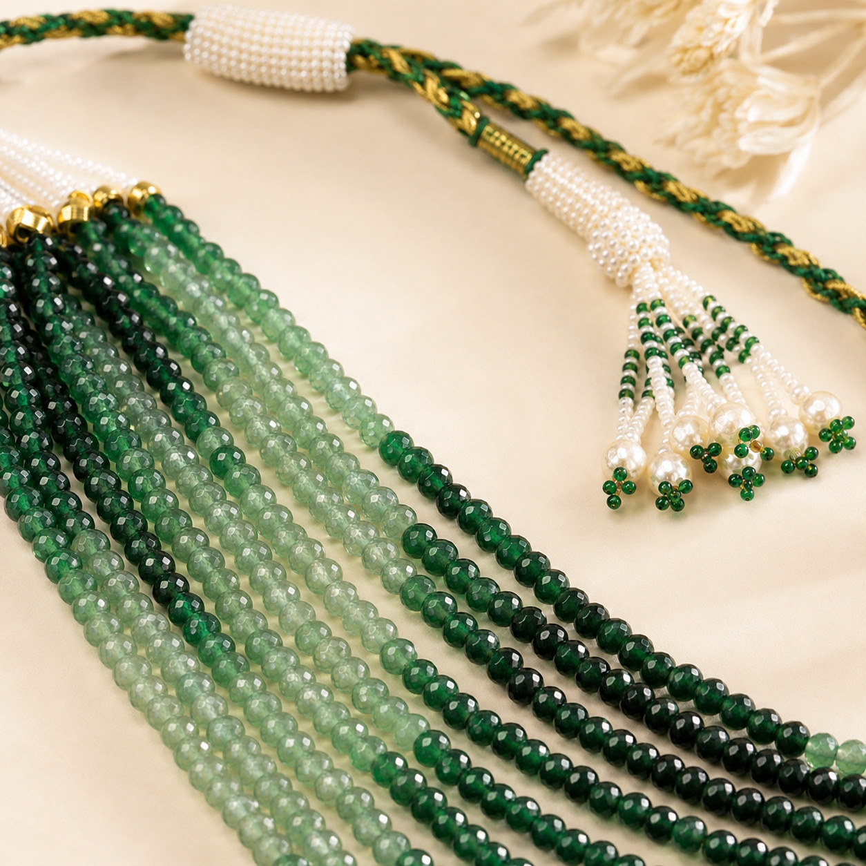 Green Shaded Quartz 7 Strand Necklace, Faceted 5mm Beaded, Adjustable Tie