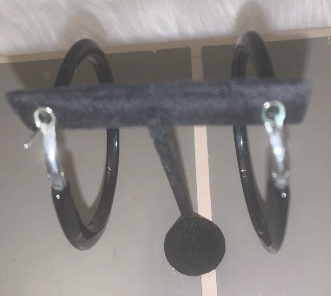 Black Hoop Earrings 2.5″ Large Statement Latch Back Hinged Minimalist Chic
