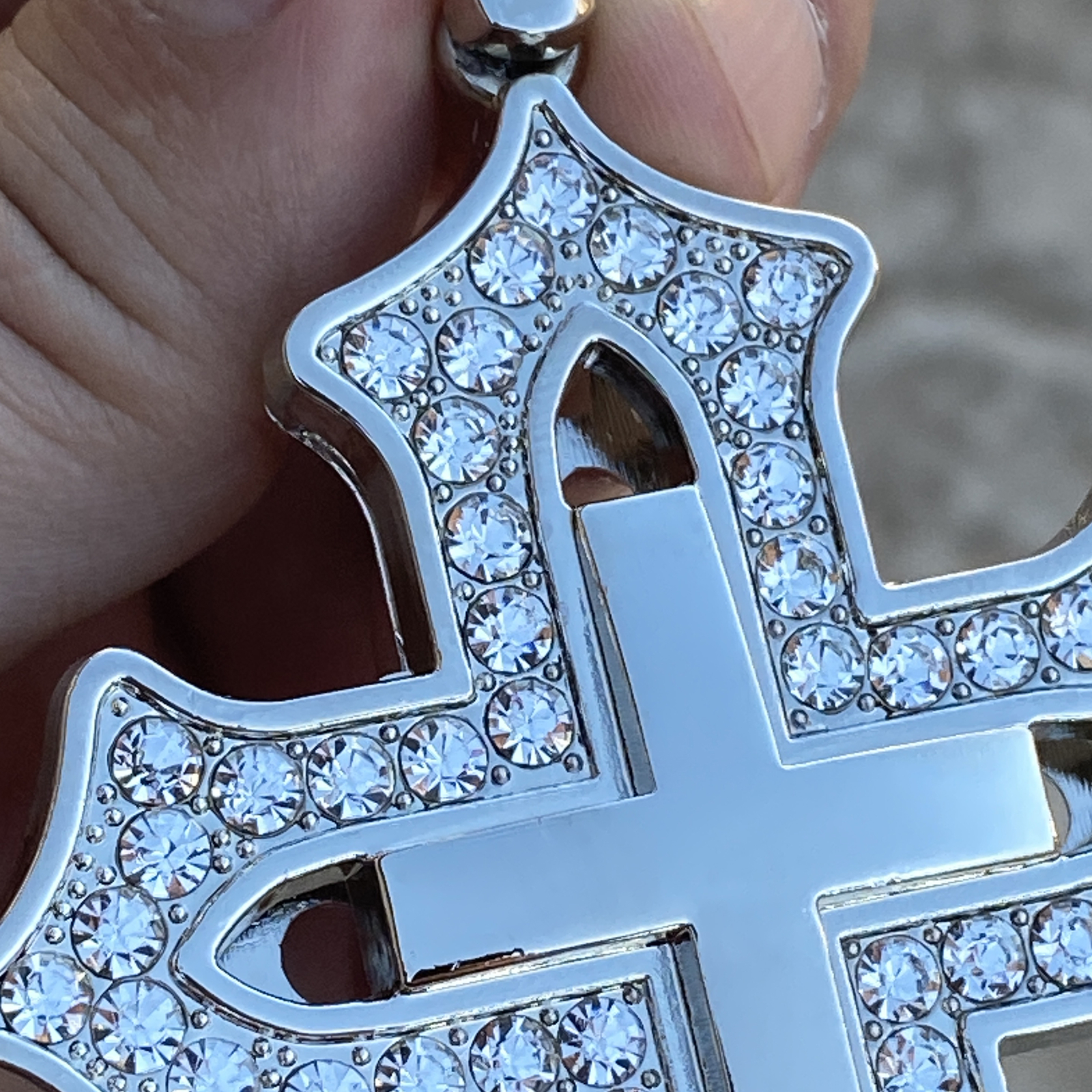 Huge Open Cross Iced Flooded Out CZ Silver Tone Cuban Link Hip Hop Chain 30″