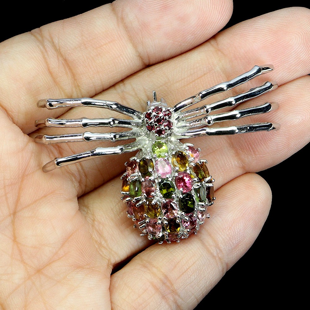 925 Sterling Silver Brooch Oval Tourmaline Rhodolite Natural Gemstone Jewelry