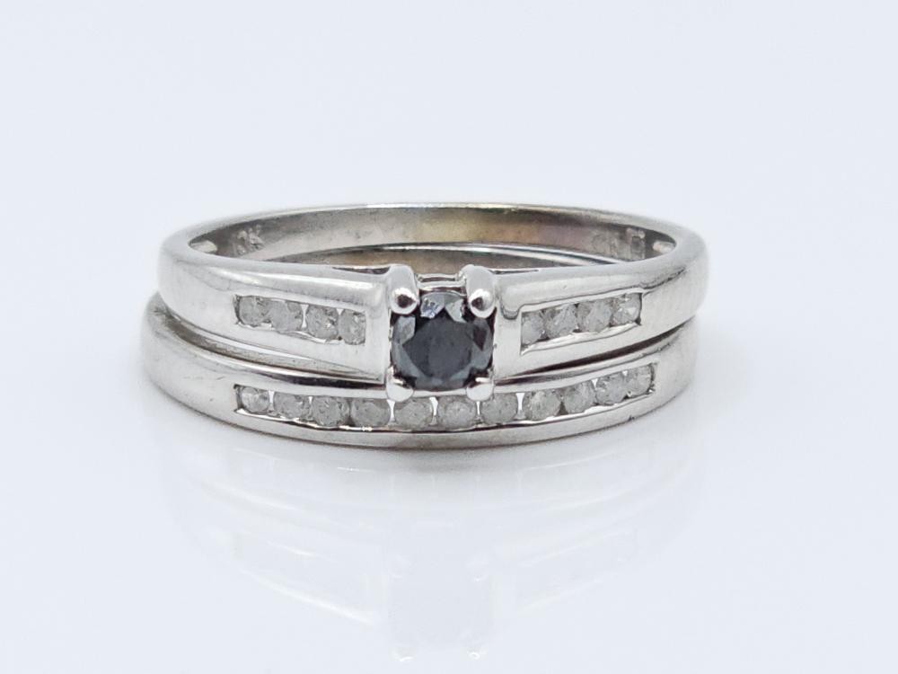 10K White Gold APX 1/3 CTW Black Diamond Wedding Set Rings Sz 7 (ML1079410)