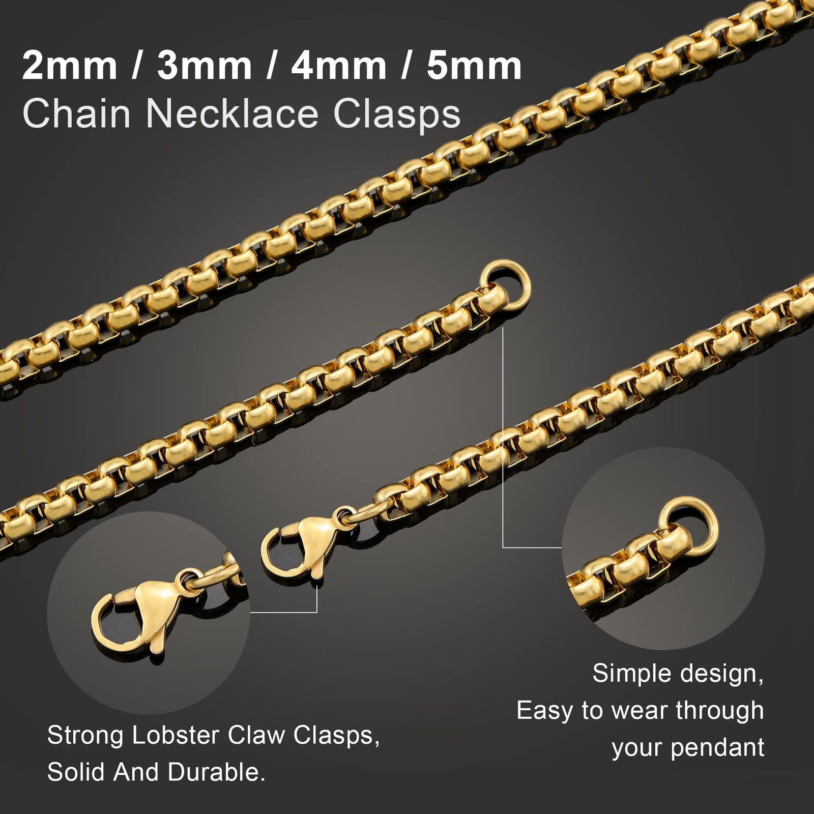 5 MM 18K Real Gold Plated Square Rolo Chain Stainless Steel Round Box Chain N…