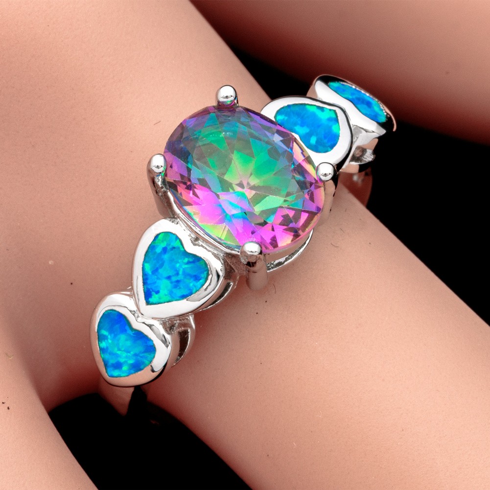 7×9 Rainbow Mystic Topaz Blue Fire Opal Silver Jewelry Women Ring Size 7 8