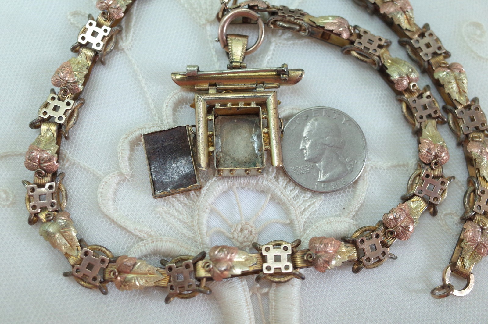 Antique 1800’s Victorian Etruscan Revival Yellow Rose Gold Locket /Pin Necklace