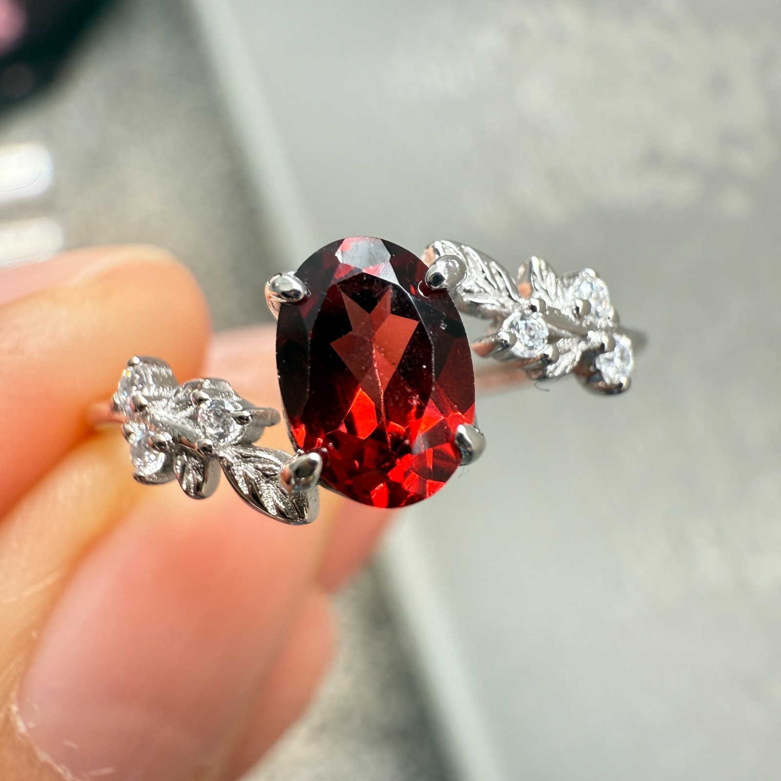 925 Sterling Silver Ring 7x5mm Natural Rhodolite Garnet Gemstone Zircon Flower