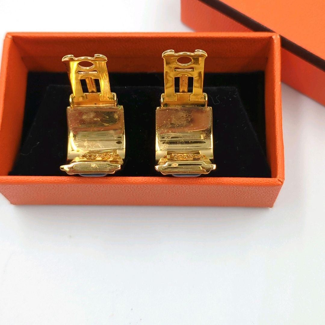HERMES H Logo Clip On Earrings Enamel Gold Navy Vintage France Box Included Used