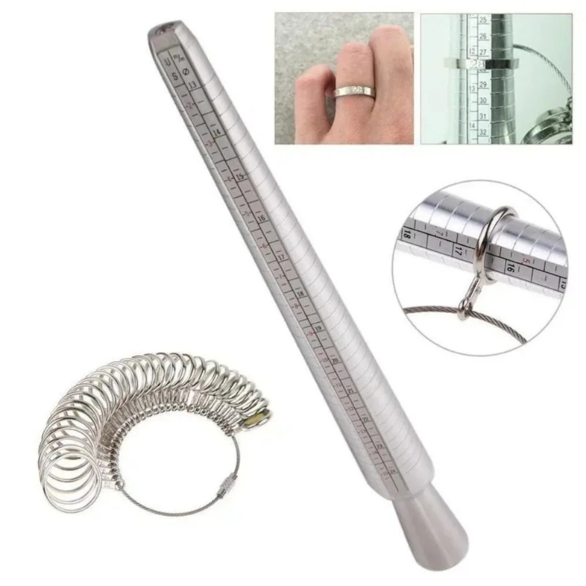 Metal Ring Size Gauges Set Measuring Ring with Mandrel Sizer Finger Sizing HO