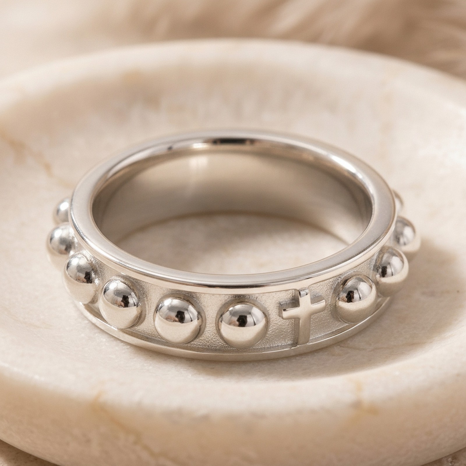 Catholic Rosary Ring Sterling Silver Oxidized Decade Prayer Band Cross Unisex
