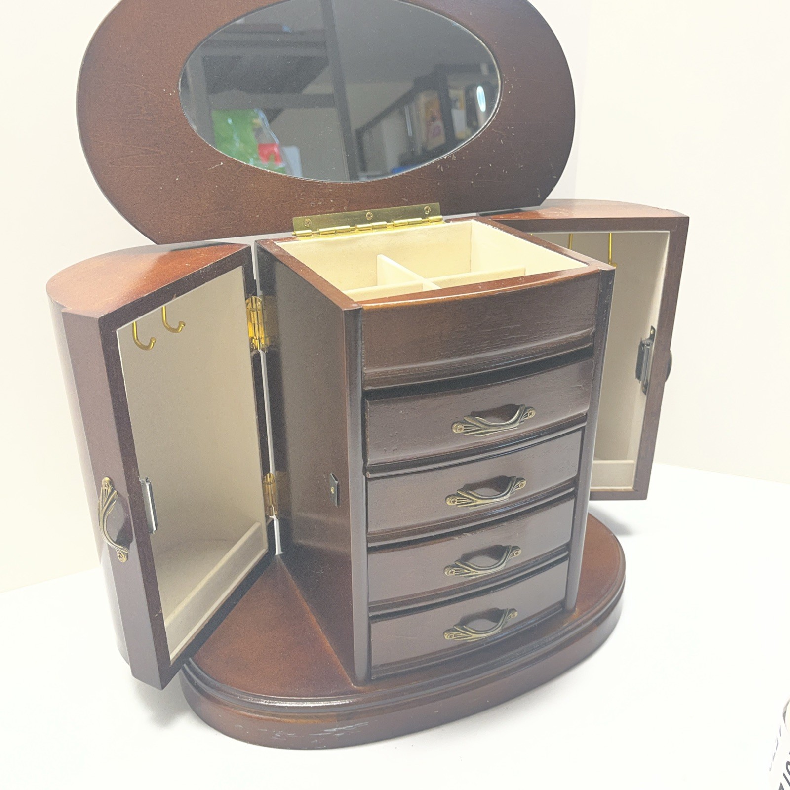 Jewelry Box 112”x11”x 6.5” Ring Tray Necklace Hooks Doors 4 Drawer Mirror Dark