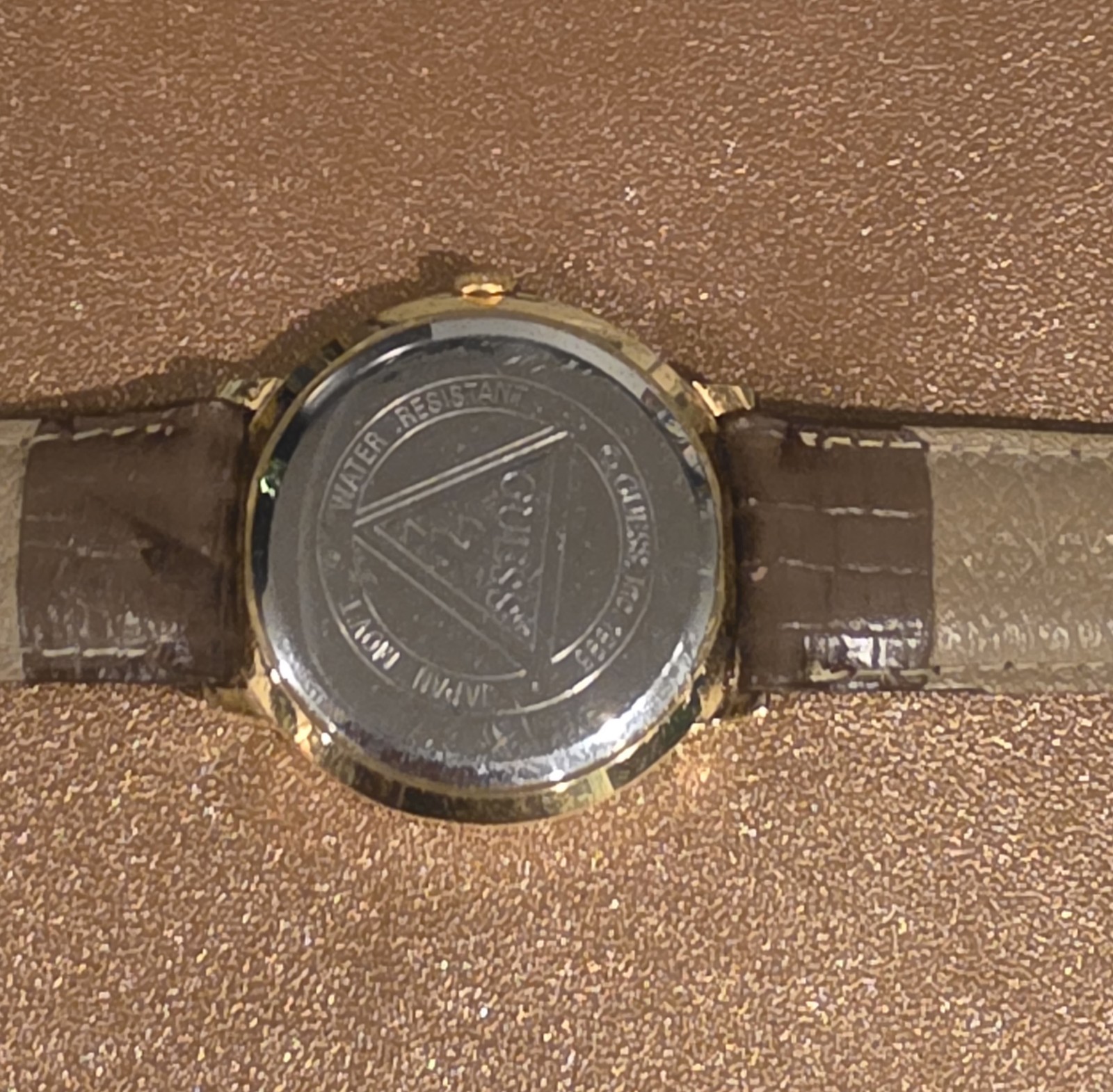 Vintage GUESS Gold Tone Watch Brown Leather Band – New Battery / Tested