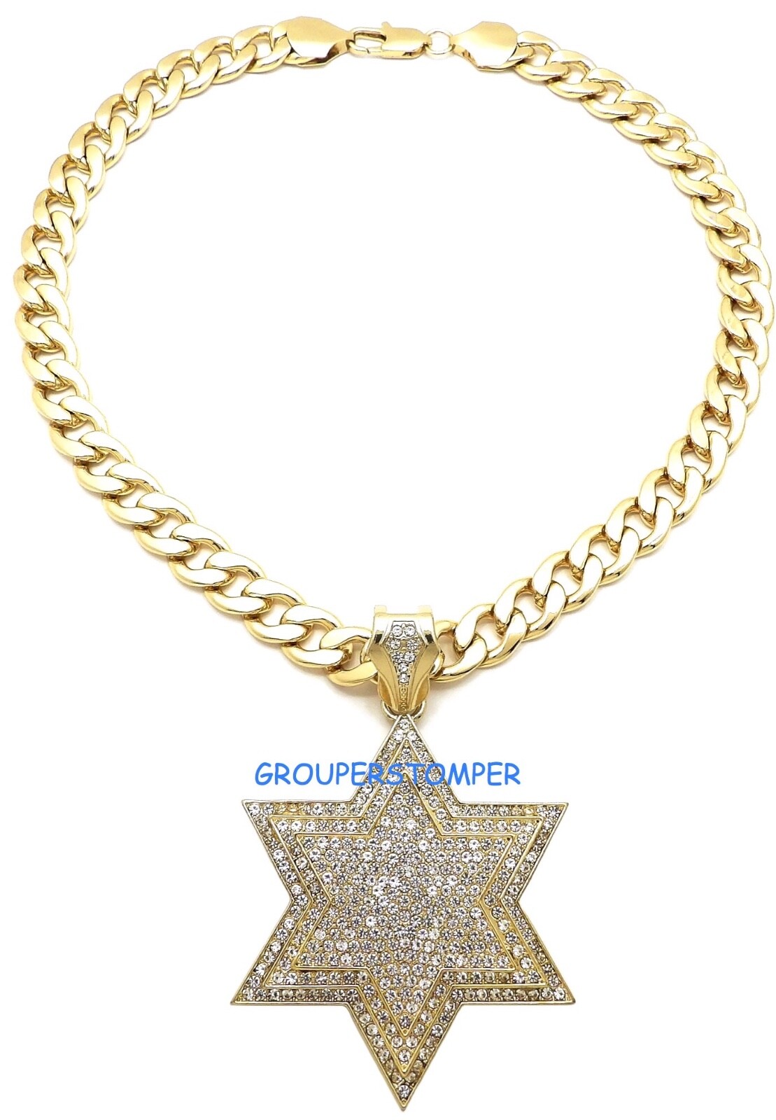 Star Of David New Crystal Rhinestone Pendant with Franco or Cuban Link Necklace