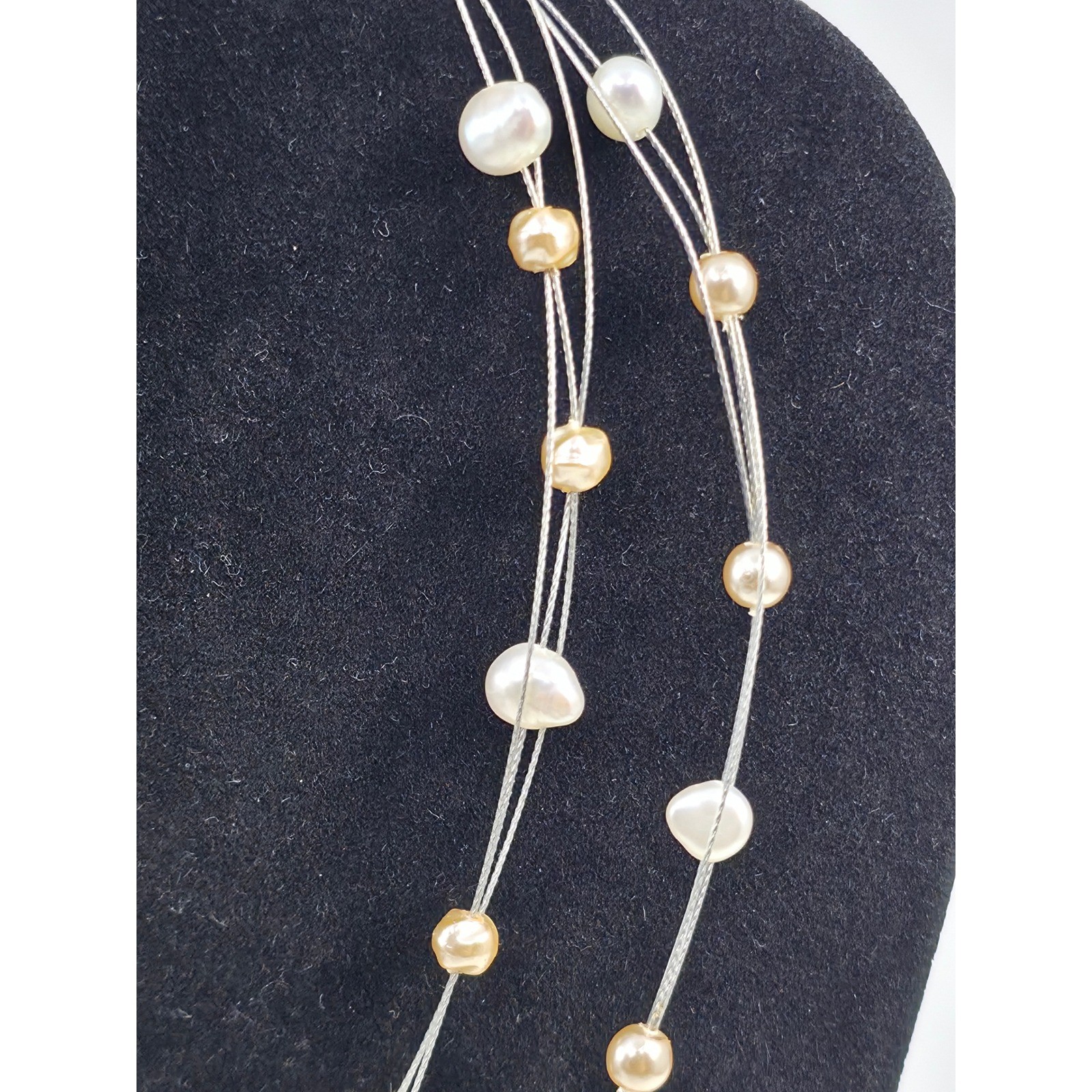 Sterling Silver Floating Pearl Triple Strand Necklace Champagne Cream 16 Inch
