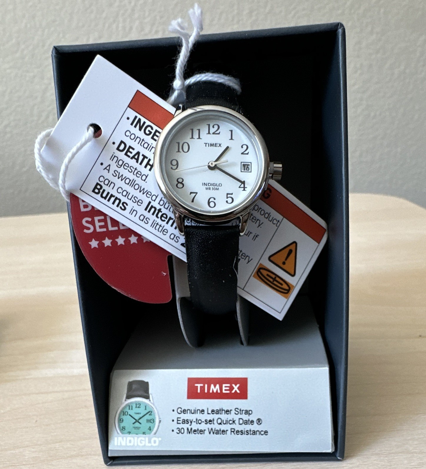Timex Timecenter Indiglo Quartz 28mm White Dial Date Black Leather 30m w/ Box