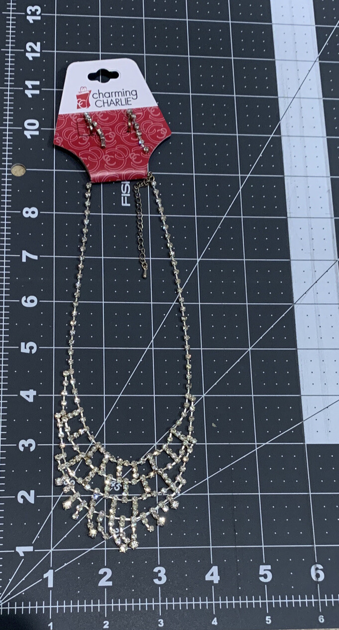 Charming Charlie Special Occasion Rhinestone Collar Necklace & Clip On Earrings