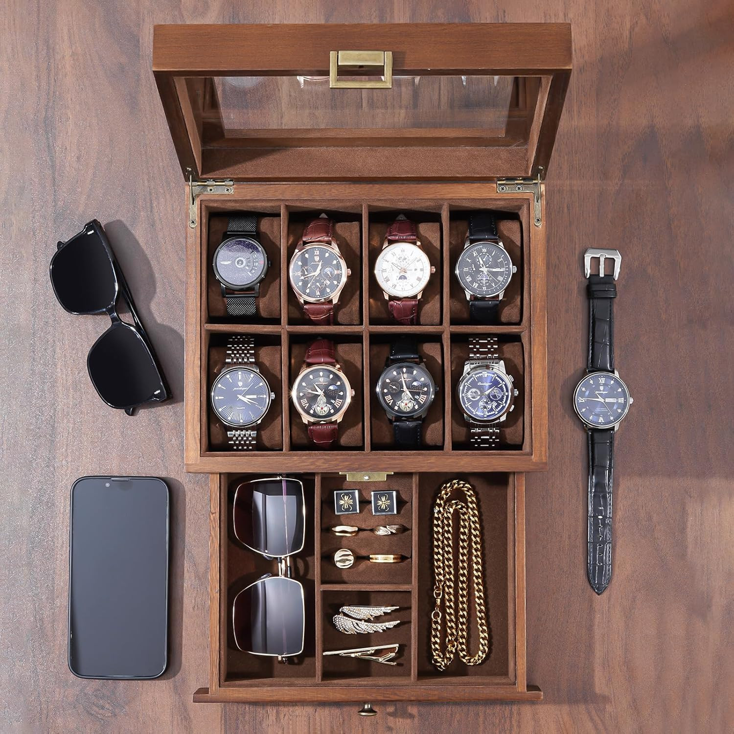 Wooden Watch Case for Men, 8 Slot Mens Watch Box with Drawer, 2-Layer Watch Disp