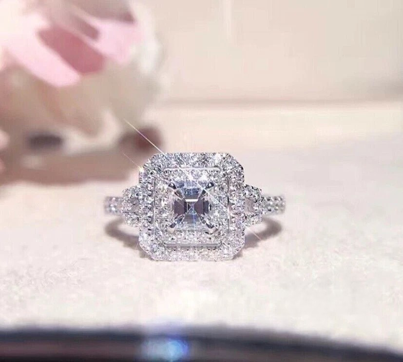 2.80 CT Asscher Cut Moissanite Double Halo Engagement Ring Solid 14K White Gold