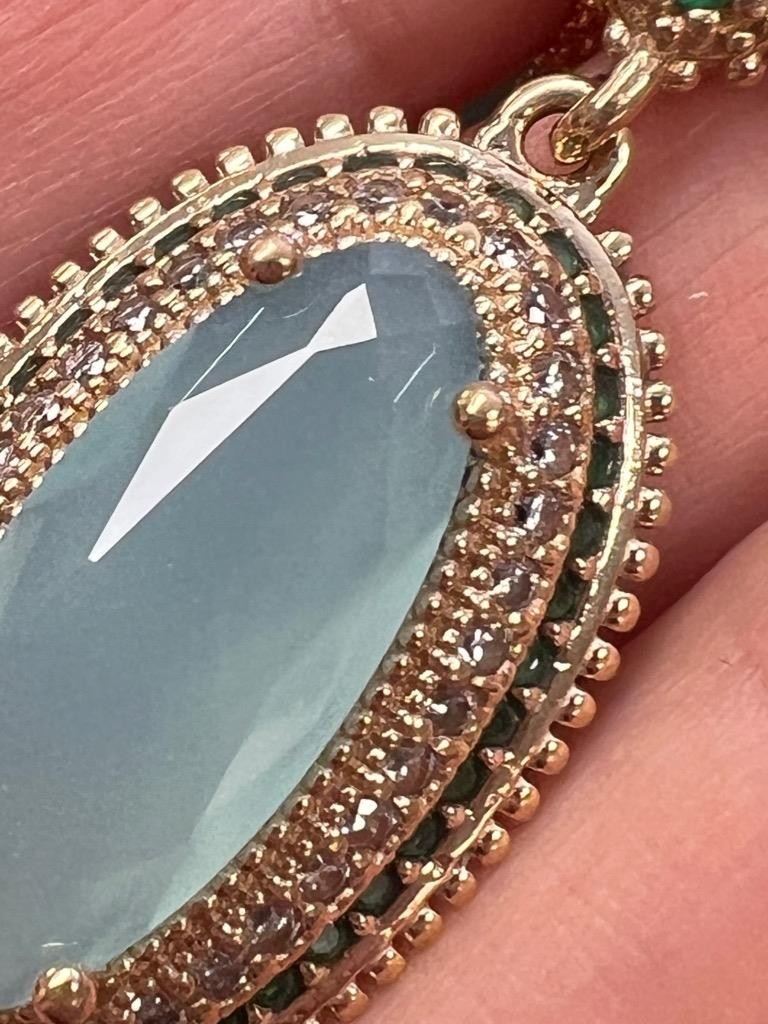 REAL Milky Aquamarine 14K Gold on SOLID 925 White Sapphire Victorian Rev Oblong