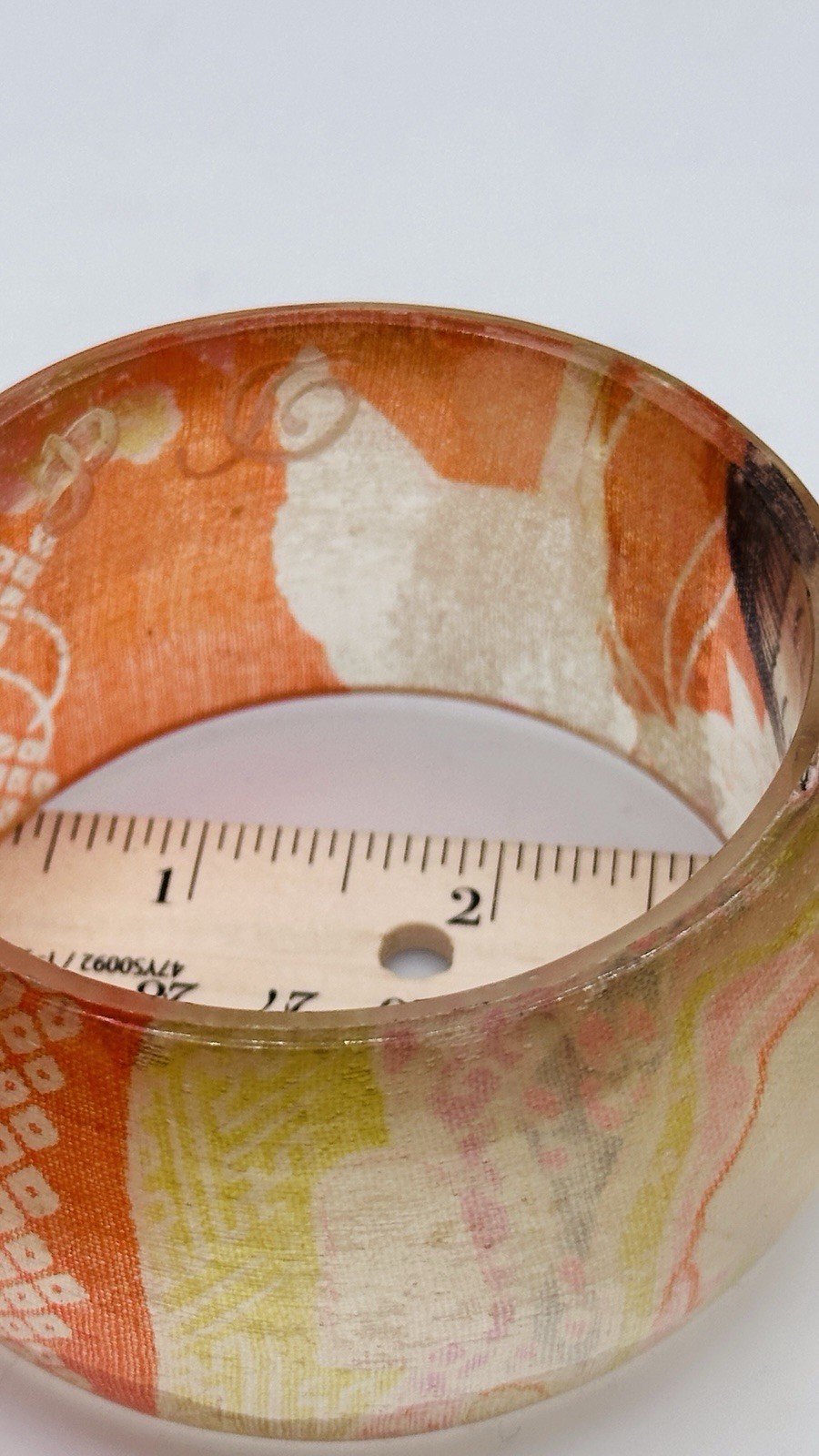 Vintage Signed Asian Geisha Decoupage Lucite Wide Bangle Bracelet Orange