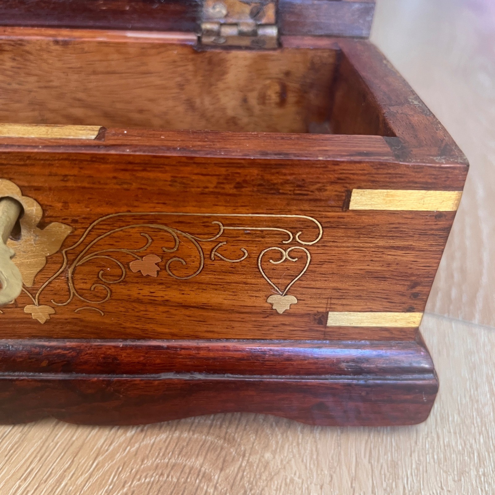 Vintage Wooden Jewelry Box Dome Top Brass Inlay Chest with Key Keepsake Box