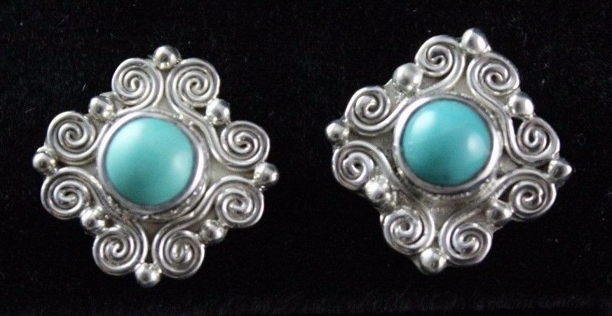 Sajen Turquoise Post Earrings Sterling Silver .925 Swirl Blue Green