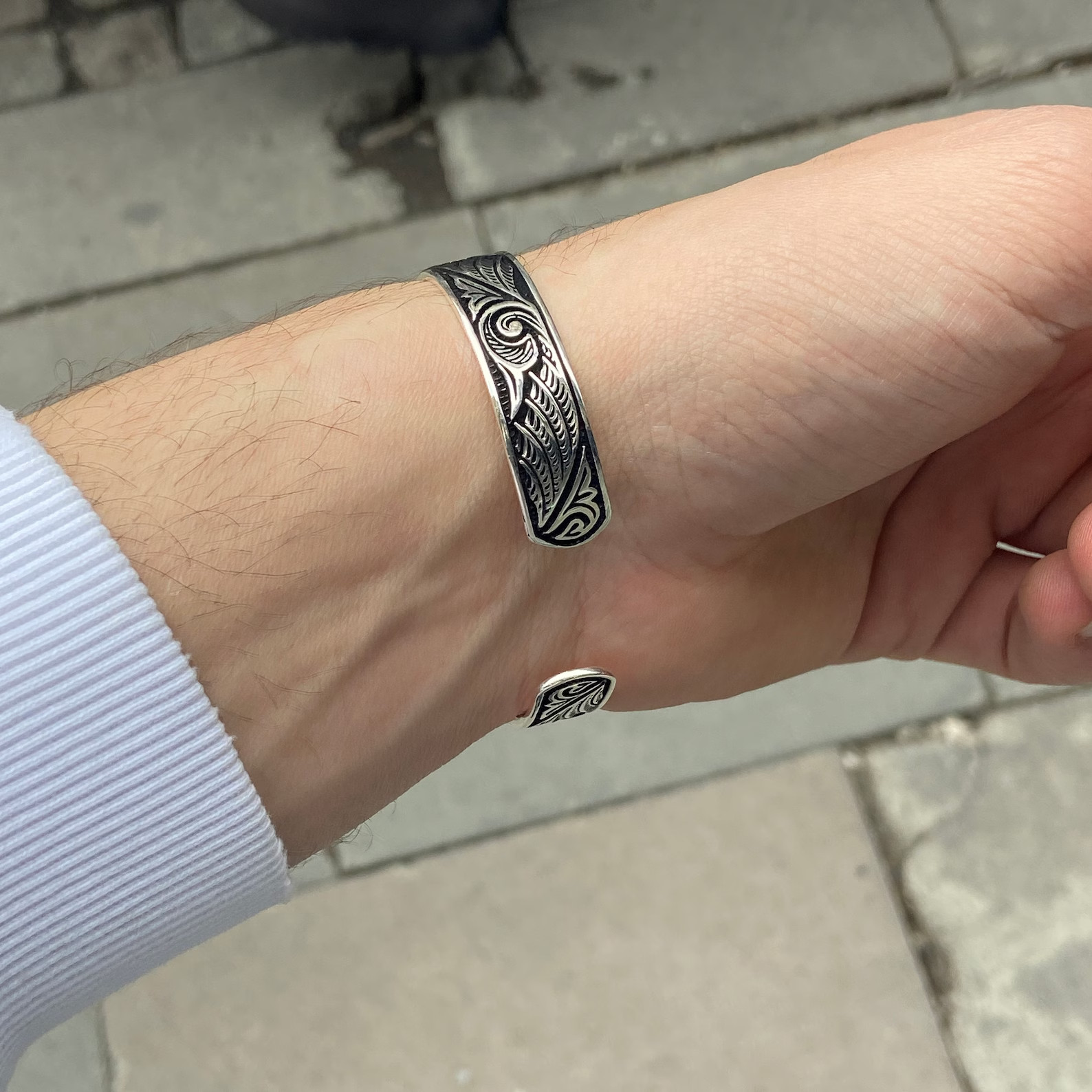 Men Silver Cuff Bracelet Engraved Adjustable Silver Embroidered Bracelet
