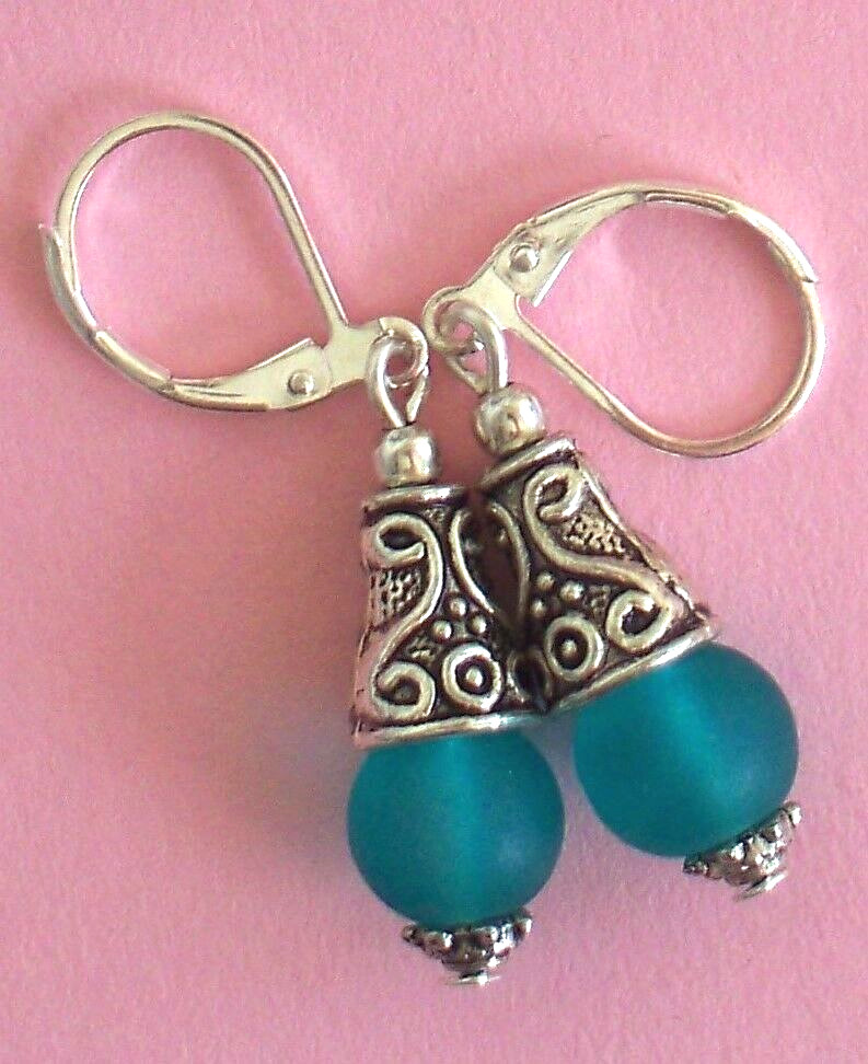 teal green BEACH FROSTED GLASS drop earring SP HANDCRAFTED XX