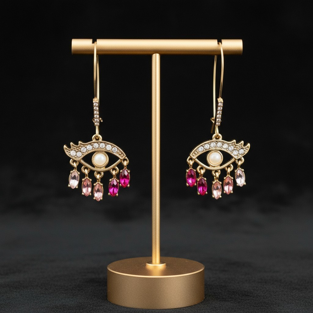 Betsey Johnson Evil Eye Dangle Earrings – Gold-Tone with Crystal Pave