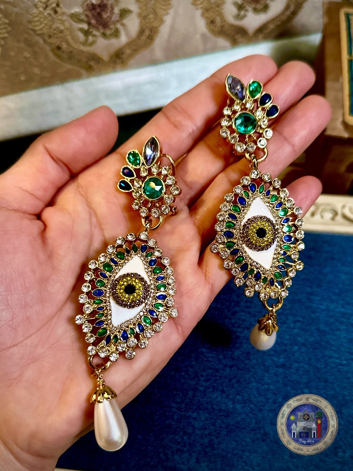 Mystic Eye Earrings Rhinestone Crystal Pearl Drop Gold Tone 925 Silver Posts