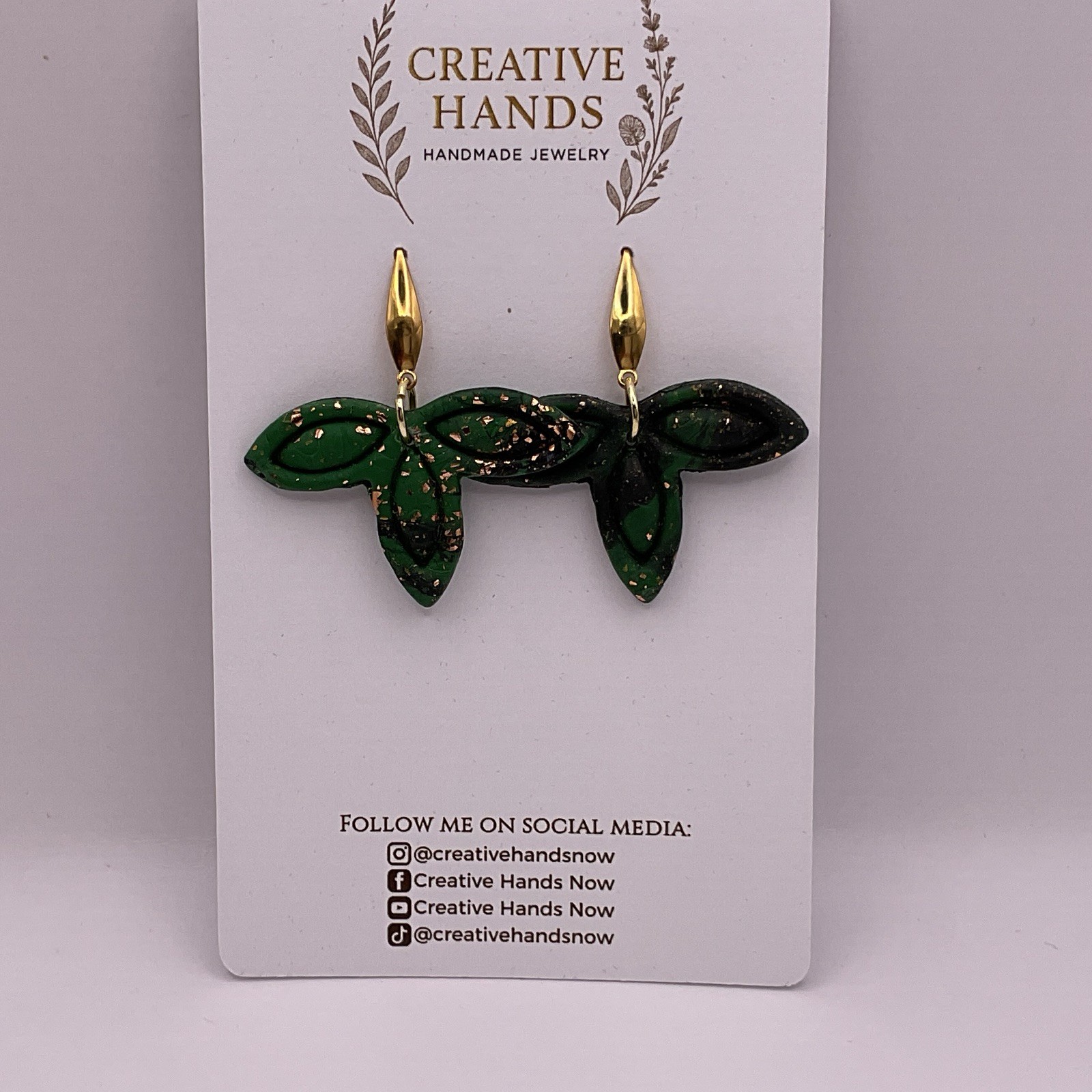 Handmade Green Leaf Earrings Copper Gold Flake Polymer Clay Nature Dangle.