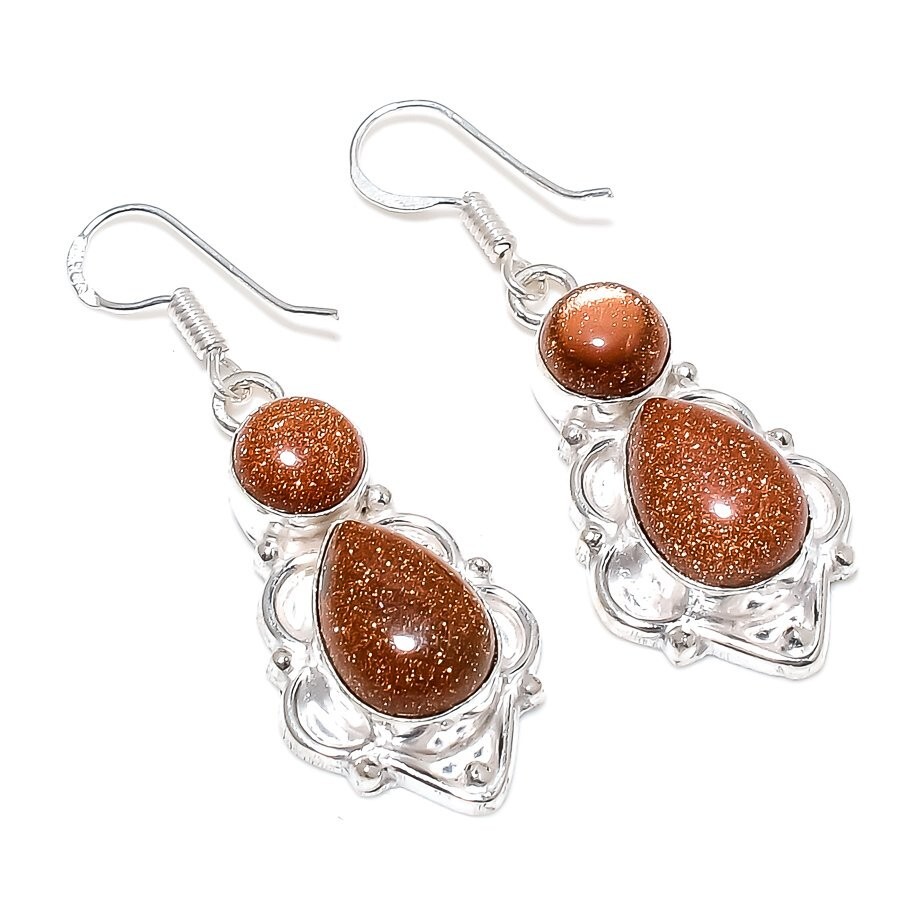 Red Goldstone Gemstone Handmade 925 Sterling Silver Jewelry Earrings Sz 1.80″