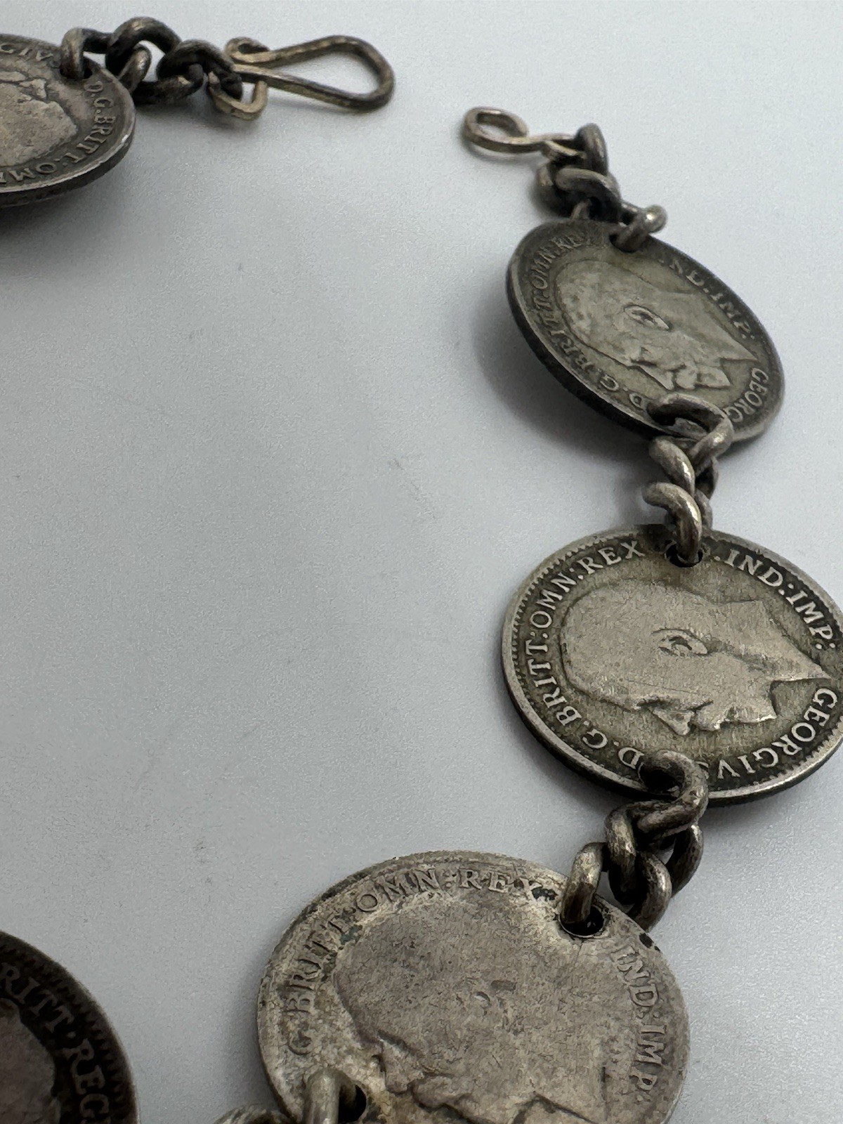 Antiqued GREAT BRITAIN QUEEN VICTORIA GEORGE V Three Pence STERLING BRACELET 7