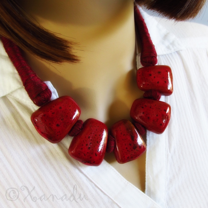 Crimson Red Porcelain Necklace With Eclectic Maroon Red Cotton Thread Chain